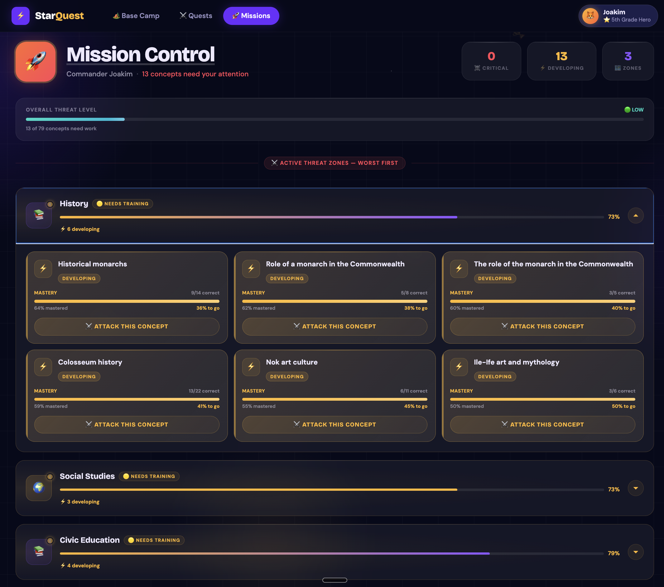 StarQuest Mission Control dashboard showing concept progress