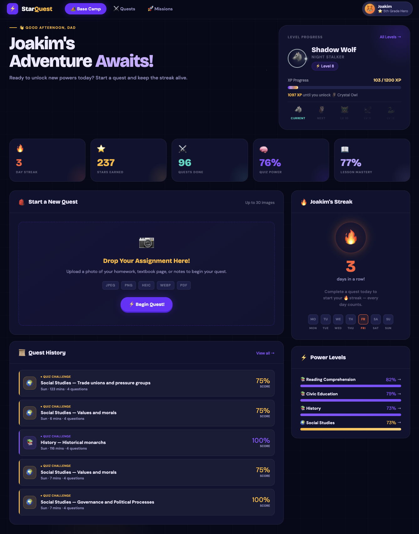 StarQuest dashboard showing Joakim's learning progress and XP